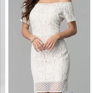 White and beige lace off the shoulder dress